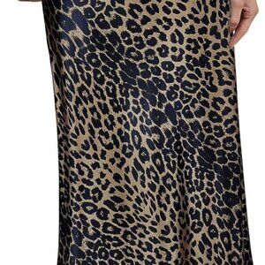 Women's Leopard Print Satin Maxi Skirt High Waisted Elastic Waistband Silk A-Lin